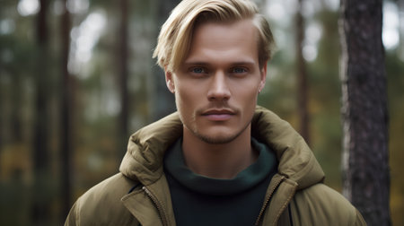 Portrait of a handsome young man in the autumn forest. Men's beauty, fashion.の素材