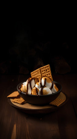 Hot chocolate with marshmallows on a plate on a dark backgroundの素材