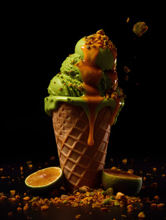 Ice cream in waffle cone with splashes and fruits on black backgroundの素材