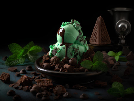 Chocolate ice cream with mint and chocolate chips on a dark backgroundの素材
