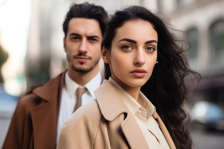 Portrait of a beautiful young woman and man in the city.の素材