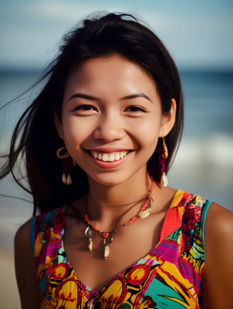Portrait of a beautiful young asian woman smiling on the beachの素材