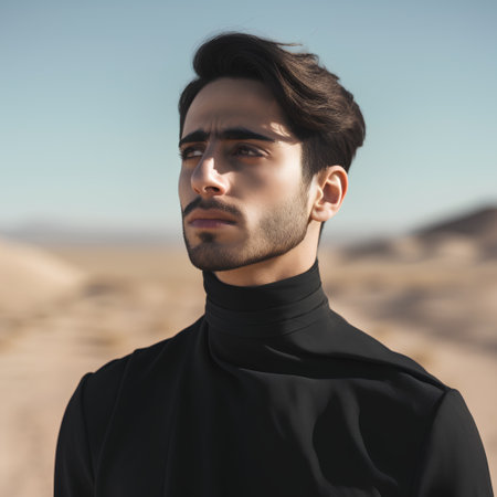 Portrait of a handsome young man in black coat in the desertの素材