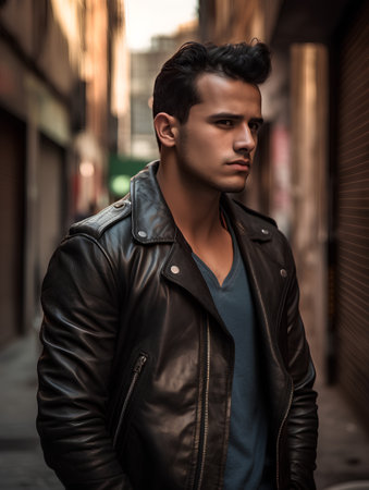 Portrait of a handsome young man in a leather jacket standing on the streetの素材