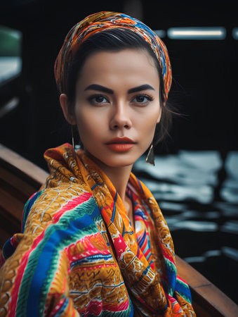 Portrait of a beautiful asian woman in a colorful scarf.の素材