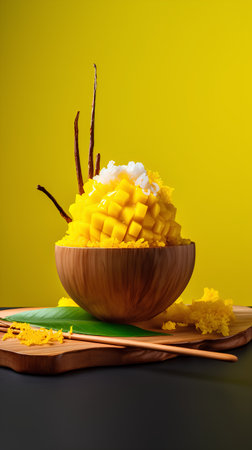 Mango sticky rice in a wooden bowl on a black background.の素材