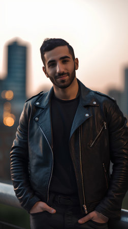 Portrait of a handsome young man in a leather jacket on a city backgroundの素材