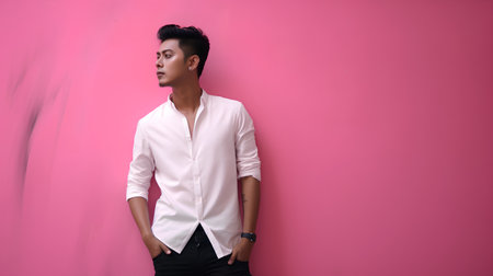 Portrait of a handsome young asian man in white shirt on pink backgroundの素材