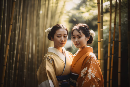 Two asian girls in kimono walking in the bamboo forestの素材