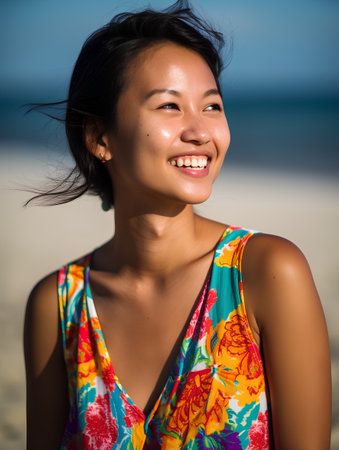 Portrait of a beautiful young asian woman smiling on the beachの素材