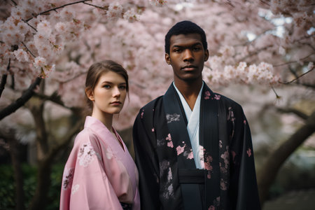 Portrait of a young couple in kimono standing next to a blooming cherry treeの素材