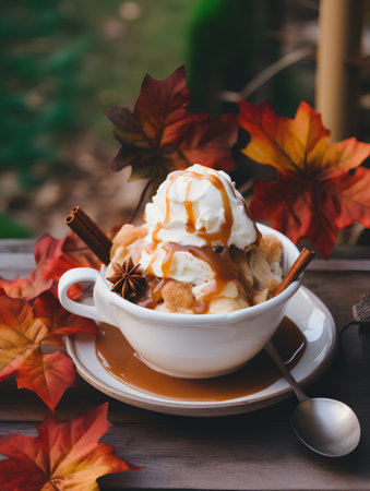 Coffee with ice cream and caramel in a cup on a wooden tableの素材