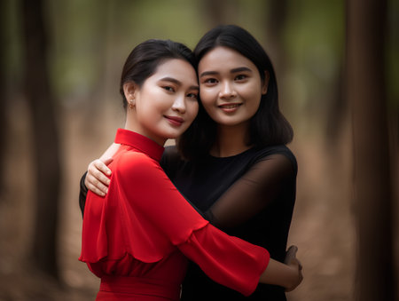 Two asian women in red dress embracing each other in the forestの素材