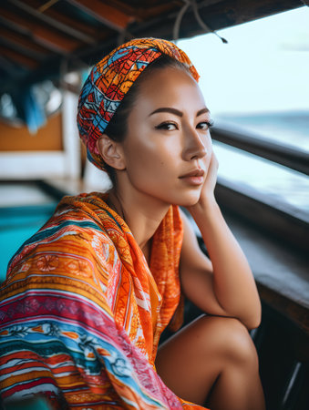 Beautiful girl in a colorful shawl sitting on a boatの素材