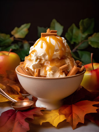 Vanilla ice cream with caramel sauce in a bowl on a dark backgroundの素材