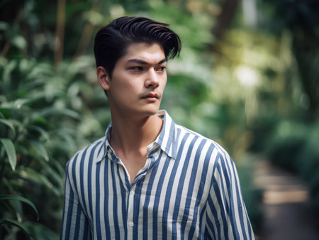 Portrait of a handsome young asian man with blue striped shirtの素材