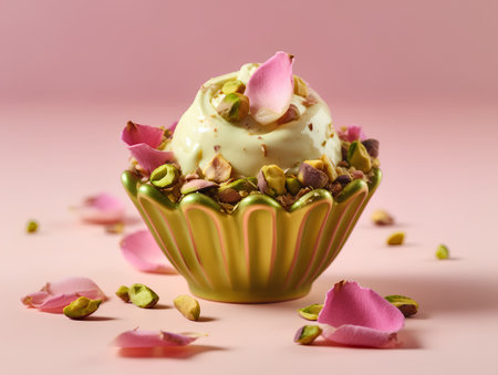 Delicious pistachio ice cream with fresh rose petals on pink backgroundの素材