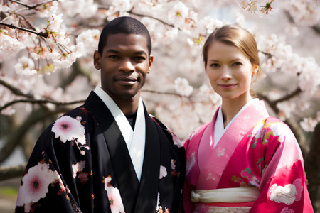 Young couple in traditional japanese kimono on cherry blossom backgroundの素材
