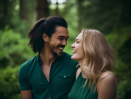 Happy young couple in love hugging and smiling while standing in a forestの素材