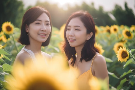 two asian women in the sunflower field, asia beautyの素材