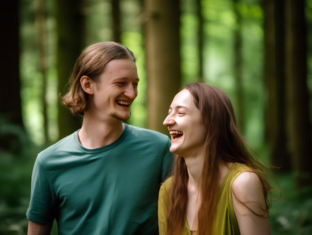 Young couple in love having fun in the green forest, laughing and laughingの素材
