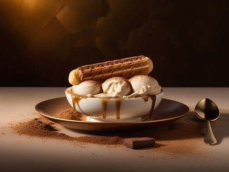 Tiramisu dessert with chocolate and vanilla ice cream on brown backgroundの素材