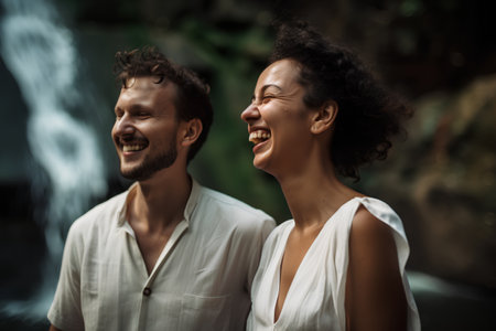 Portrait of a happy young couple in love at the waterfall.の素材