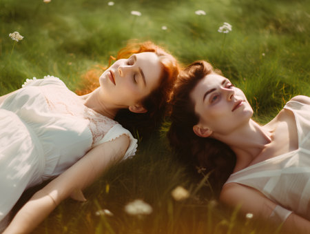 Two beautiful young women lying on the grass and looking at each otherの素材