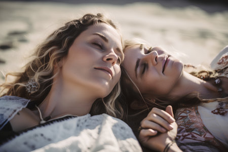Two beautiful young women lying on the sand and embracing each other.の素材