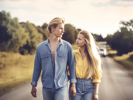 Young couple in love walking along a country road in the summer.の素材