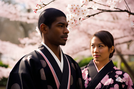 Young couple in traditional japanese kimono with sakura flowersの素材