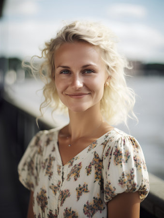 Portrait of a beautiful young woman with blond curly hair, summer outdoorsの素材
