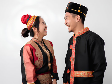 Portrait of asian young couple in traditional costume on white backgroundの素材