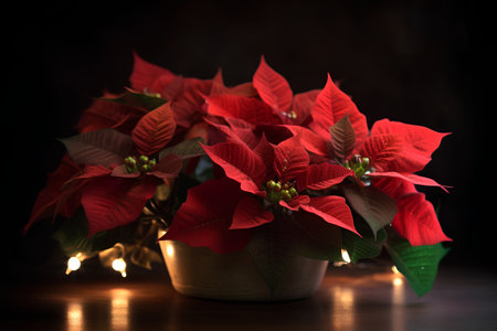 Christmas star poinsettia in a pot with lights on dark backgroundの素材