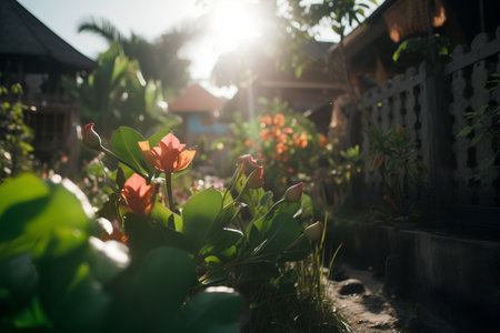 Beautiful tropical flowers in the garden at sunset. Selective focus.の素材
