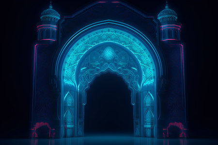 3d illustration of mosque with glowing lights on black background. 3d renderingの素材