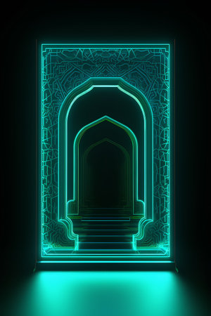 Ramadan Kareem. Glowing mosque door with arabic pattern. 3D renderingの素材