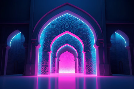 3d illustration of islamic mosque door in blue and pink neon lightの素材