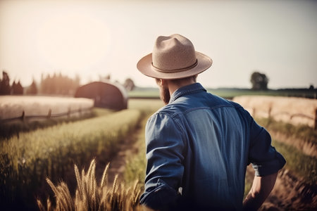 Farmer standing in wheat field and looking at the horizon. Agriculture conceptの素材