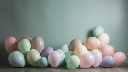 Colorful balloons on the floor in the room. 3d renderingの素材