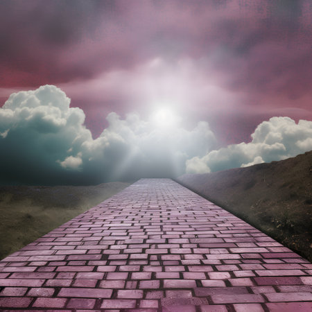pink stone path leading to the sky with clouds in retro styleの素材