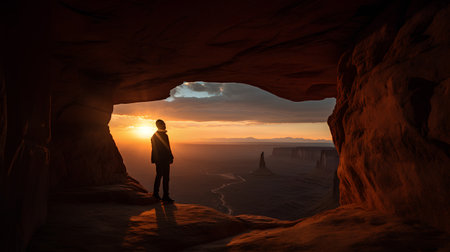 Silhouette of a woman standing in the canyon at sunset.の素材