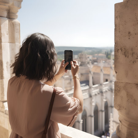 Young woman taking a photo of the city of Bergamo, Italyの素材