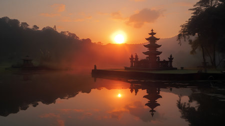 Pura Ulun Danu Bratan Temple at sunrise, Bali, Indonesiaの素材