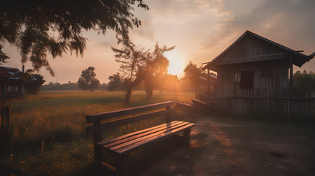 Wooden bench in the rice field at sunset,Thailand.の素材