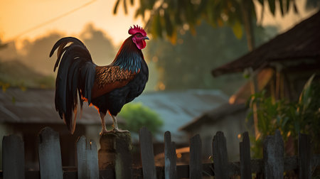 Rooster standing on a wooden fence in the morning, Thailand.の素材