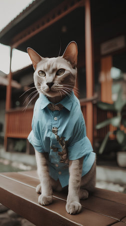 Portrait of a cat wearing a blue shirt and bow tie.の素材