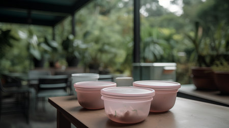 Plastic cups on the table in coffee shop with nature background.の素材