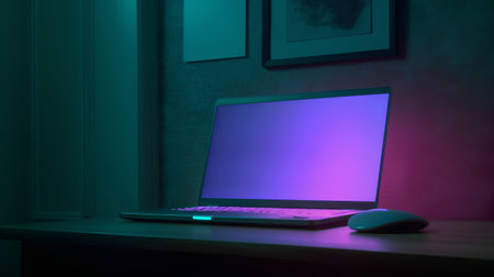 Laptop and mouse on a table in a dark room. 3d rendering.の素材