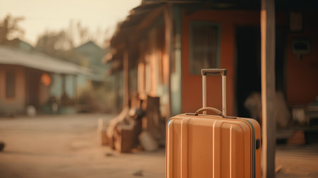 Yellow suitcase on the background of the old house. Travel concept.の素材